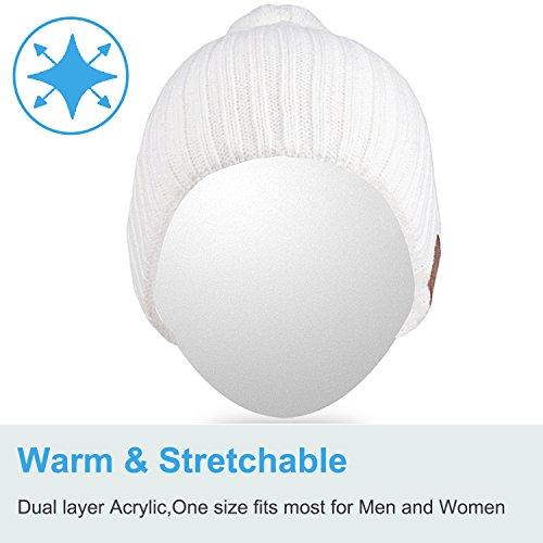 Qshell Unisex Adult Bluetooth Beanie Hat Trendy Soft Warm Short Audio Music Cap with Wireless Headphone Headset Speaker Mic Hands-free,Christmas Gift for Winter Outdoor Sport Skiing Snowboard - White