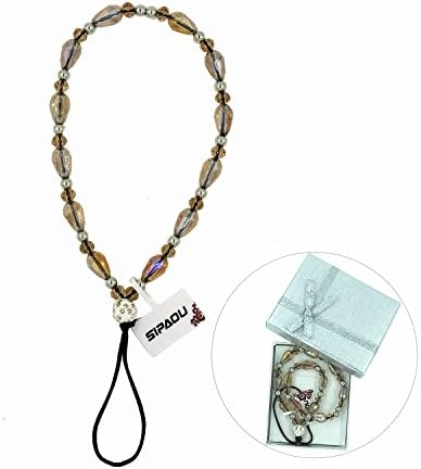 Women's Fashion Cell Phone Lanyard Strap, SIPAOU 7.8 Inch Bling Crystal Beads Hand Wrist Lanyard Strap String for Cell Phone Purse Camera MP3 MP4 iPod PSP Keychain, Gift Box Included(Short Champagne)