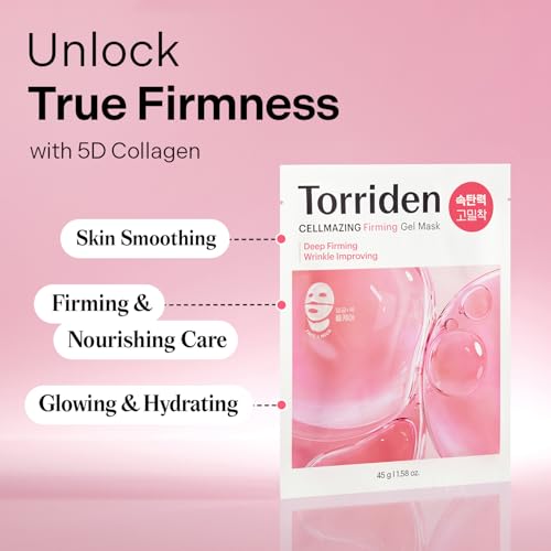 Torriden CELLMAZING Low Molecular Collagen Firming Gel Sheet Mask, 4 Sheets | Dual Wrinkle Improvement Benefits From Face to Neck | Minimize Pores & Wrinkles | Intense Hydration, Cruelty Free