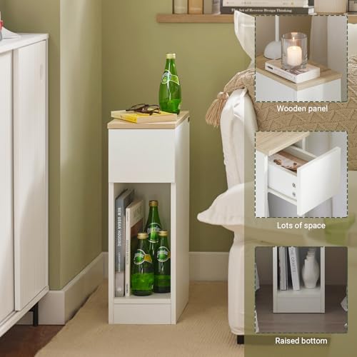 SoBuy Narrow Nightstand Set of 2 - Small Side Table End Table Bed Side Table Nightstand Storage Cabinet - Compact Modern Wood Design with Drawer and Shelf for Bedroom Living Room Decor