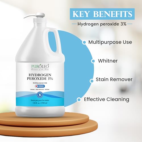 PUROLEO Hydrogen Peroxide 3% Solution, 128 Fl Oz/3784 mL (Made in Canada), Multipurpose Household Cleaner, Stain Remover & Fabric Whitener, Cleaning Liquid for Laundry, Surfaces & General Cleaning