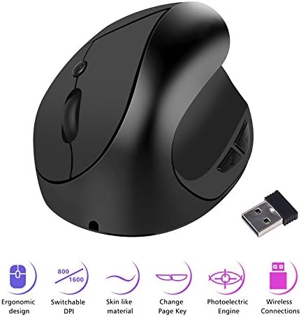 Wireless Vertical Mouse, Rechargeable 2.4GHz High Precision Ergonomic Optical Mice - 6 Buttons with 3 Adjustable DPI 800/1200/1600 for Laptop, PC, Computer, Desktop, Notebook etc.(black)