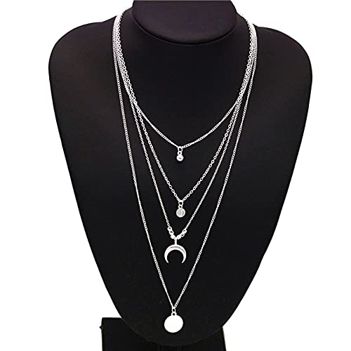 ummboom Women Layered Moon Disc Pendant Necklace Personalized Boho Layered Jewelry For Women And Girls (Silver, One size)