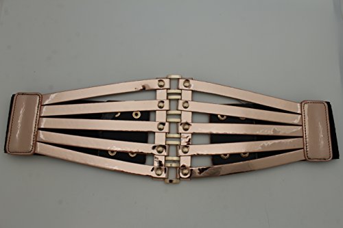 TFJ Women Fashion Wide Corset Belt High Waist Rose Gold Faux Leather Stretch Waistband S M