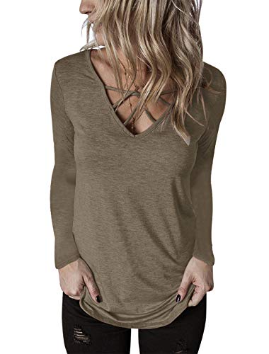 Topstype Women's Long Sleeve T Shirt V Neck Tunic Criss Cross Tops Casual Tees Loose Sweatshirts