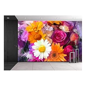 Closeup Still Life of White, Yellow and red Color Flowers - Removable Wall Mural | Self-Adhesive Large Wallpaper - 66x96 inches