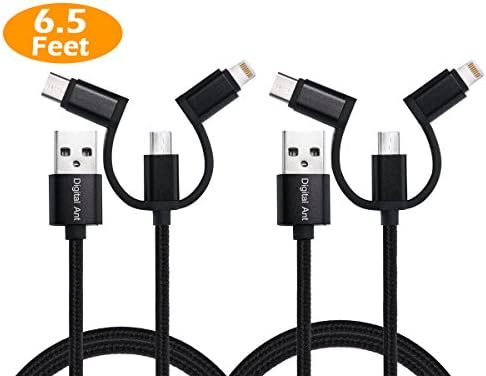 Digital Ant Twin-Pack 6.5 Feet Nylon Braided USB-C + Lightning + Micro-USB 3 in 1 Charging and Data Syn Cable for Android and Apple Product (6.5 Feet-Black)