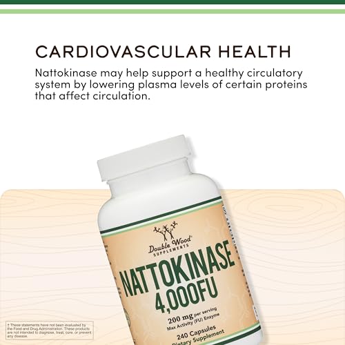Nattokinase Supplement 4,000 FU Servings, 240 Capsules (Derived from Japanese Natto) Systemic Enzymes for Cardiovascular and Circulatory Support by Double Wood