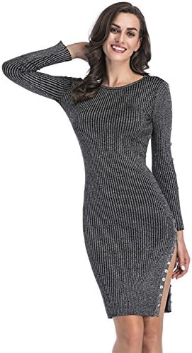 Ribbed Sweater Split Dress For Women - Slim Fit Knit Stretchable Long Sleeve Gray M Formal Sexy