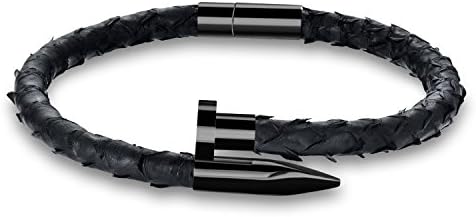 Men's Black Genuine Python Leather Bracelet Nail with 316L Stainless Steel Black Plated, Leather Bracelet for Men(Black +Black,8 inch)