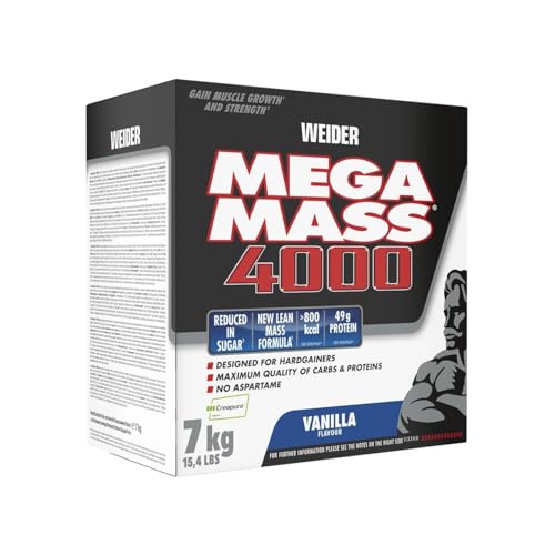 Weider Mega Mass 4000 - Weight Gainer Pulver mit 48g Protein & Kreatin pro Portion - Für hohe Kalorienaufnahme - 7kg - Vanille