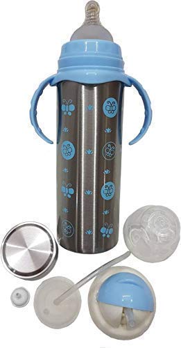 Honey Boo 3 in 1 Baby Feeding Bottle Thermo-Steel Multifunctional-Sipper, Nipple & Straw 240 ML (for 5+ Month Baby) (Blue)