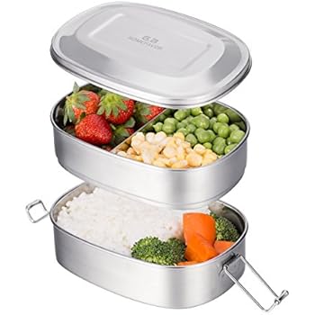 G.a HOMEFAVOR 2 Tier Stainless Steel Bento Lunch Box with 3 Compartments Design, Large 23oz Metal Lunch Box with Lock Clipsfor Kids or Adults- Dishwasher Safe - All Stainless