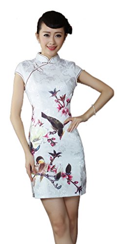AvaCostume Women's White Cap Sleeve Birds Print Jacquard Dress Qipao