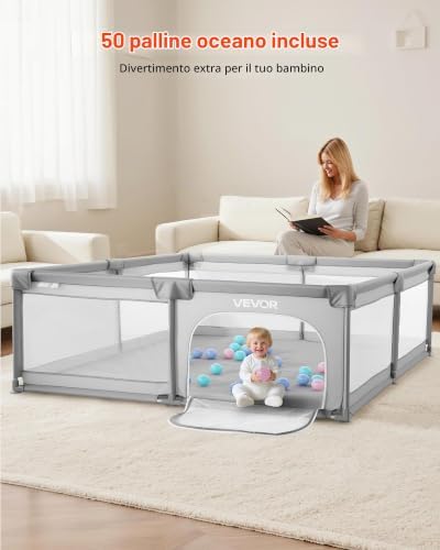 Recinto per Bambini, 2000 x 1785 mm per Neonati, Recinto da Interno Esterno, Centro Attività di Sicurezza Senza Fessure con 50 Palline Oceaniche, Porta con Cerniera e Morbida Rete Traspirante