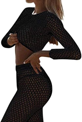 Women's Fishnet Hollow Out Beach Cover up Sets Long Sleeve Mesh Crop Top Knitted Long Pants Suits Bikini Swimwear
