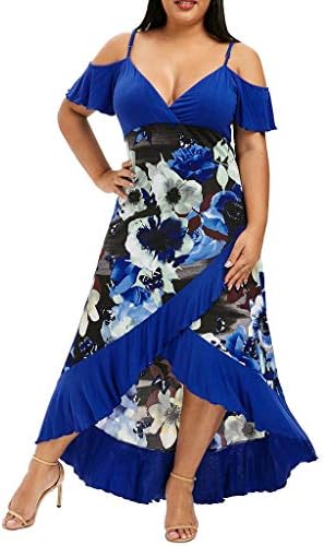 Hanomes Women's Plus Size Dresses for Women 16-32 UK Dresses Plus Size Women Casual Cold Shoulder Short Sleeve Boho Floral Printed Split Long Maxi Dress Beach Dresses