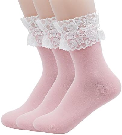 YJLSO Women Lace Ruffle Frilly Cotton Socks Princess Socks 3 Pairs (Pink)