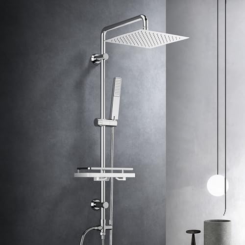 Görbach Edelstahl Duschset Regendusche Duschsystem ohne Armatur mit Verstellbarer Duschstange, Kopfbrause 25x25 cm und Duschablage Chrom