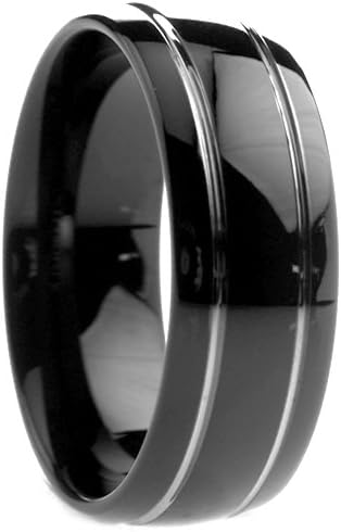 8 mm Mens Black Tungsten Carbide Rings Wedding Bands Round with Offset Grooves - Free Engraving, &amp; - Size 6, 6.5, 7, 7.5, 8, 8.5, 9, 9.5, 10, 10.5, 11, 11.5, 12, 12.5, 13, 13.5, 14