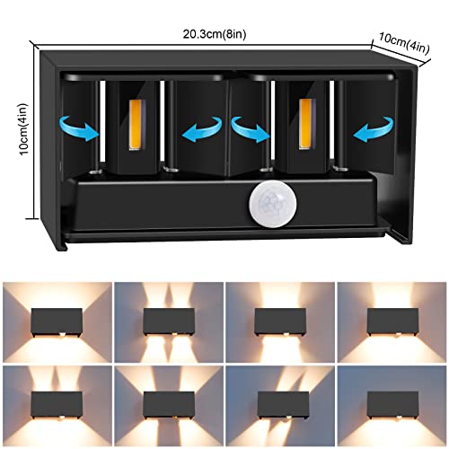 Kingwen Set of 4 Outdoor LED Wall Lights with Sensor 20W Black | Aluminium Wall Lamp, 3000K, 2000lm, 0-120° Adjustable Angle, Class F, for Indoor and Outdoor Use