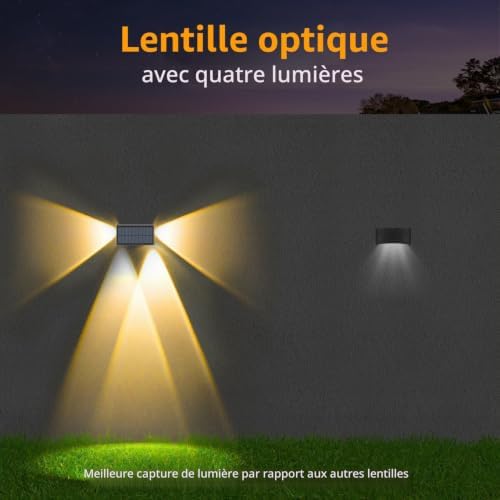 Applique Murale Extérieur Solaire, 4 Pièces Applique Murale Blanc Chaud avec 4 LEDs, Éclairage à Trois Directions Lampe Exterieur Solaire Jardin, IP65 Étanche pour Clôture, Escaliers, Balcon