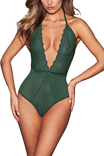 Donnalla Women One Piece Teddy Lingerie Deep V-Neck Halter Lace Bodysuit (Dark Green, Size S)