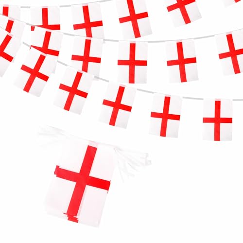 10m England Flags Bunting St George's Cross Flag Decorations 30 pcs, England Flags Bunting Banner for World Cup Football 2026 Sports Events Decoration, Double-Sided St George's Cross Flag Buntings