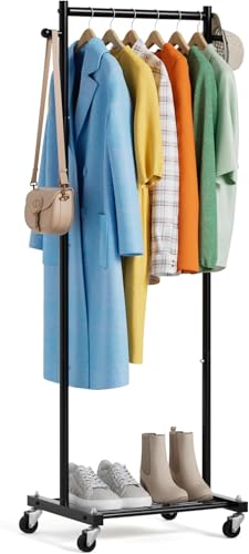 MISSLO Small Clothes Rail on Wheels, Slim Clothes Rack with Shelves, 152 cm Metal Coat Rail, Portable, Freestanding Roll Clothes Stand for Small Spaces, Black