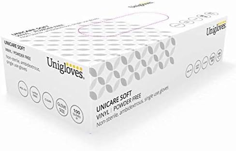UNIGLOVES Unicare Vinyl Multipurpose Disposable Gloves, Powder Free, Latex Free, Medium Weight, Box of 100 Gloves, Clear