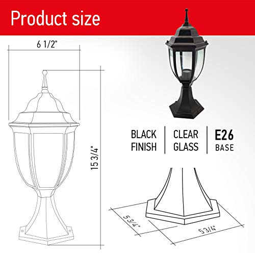 OSTWIN 1-Light Outdoor Garden Post Lantern L04 Lighting Fixture, Traditional Post Lamp Patio with One E26 Base, Water-Proof, Black Cast Aluminum Housing, Clear Glass Panels, ETL Listed - Thumbnail 2