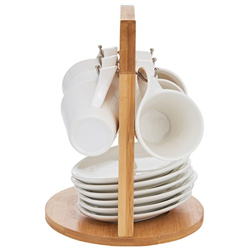6pcs Porcelain Coffee Cup and Saucer Set, Ceramic Tea Cup Set with Wooden Bracket for Specialty Coffee Drinks Latte Mocha Cappuccino Table Decorative Dinnerware Favor Gift - Thumbnail 4