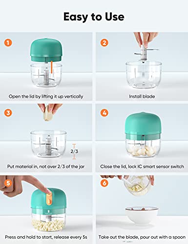 Electric Mini Garlic Chopper, [60W QUICK EASE CHOP] Food Vegetable Chopper 250ML BPA Free for Pepper Garlic Chili Vegetable Meat Mincer/Grinder/Puree, Baby Food TREBLEWIND（Green）