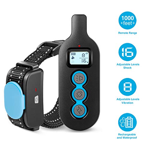 PetYeah Dog Training Collar,Rechargeable and Waterproof Dog Shock Collar with Remote,Up to 1000Ft Remote, Bark Collar with Beep/Vibration/Static Shock Mode for Small Medium Large Dogs