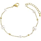 foyjoey 18K Gold Plated Pearl Beaded Cross Bracelets for Women Adjustable Stainless Steel Dainty Thin Gold Box Cuban Twisted Link Chain Bracelet Bridesmaid Jewelry Christmas Gifts