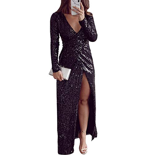 Womens Glitter Sparkling Deep V Neck Long Sleeve Side Split Party Dress Clubwear