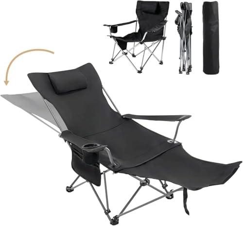 Reclining Camping Chair with Removable Footrest, Adjustable Camping Lounge Beach Chair with Padded Headrest, Cup Holder & Carry Bag, Camp Chair with Foot Rest Lawn Chairs for Camp, Fishing,Office