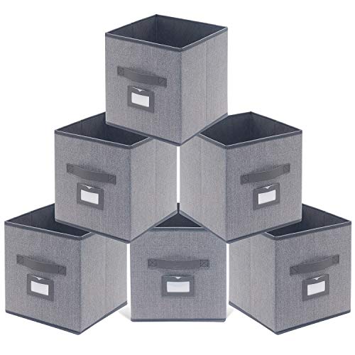 Onlyeasy Fabric Foldable Storage Cubes Bins Boxes with Leather Handles - Durable Storage Bins for Shelves Cube Cubby Bookcase Organizer Pack of 6, 10.5 x 10.5 x 11 inch, Linen-Like Grey, MXDBS06PLP