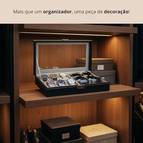 Estojo 9 compartimentos relógios e óculos couro ecológico | Forro aveludado e visor transparente protegem peças delicadas; ideal para penteadeiras, closets e viagens curtas