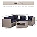 SOLAURA Outdoor 4-Piece(5 Seats) Furniture Sectional Sofa Set All Weather Warm Grey Wicker with Nautical Navy Blue Cushions & Sophisticated Glass Coffee Table Conversation Set