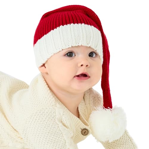 Diffy Homy Baby Santa Hat Christmas for Baby Toddler Infant Newborn Washable Fade-restant Knitted Santa Hat Soft Warm Long for New Year Festive Holiday Party Indoor Outdoor Winter Red