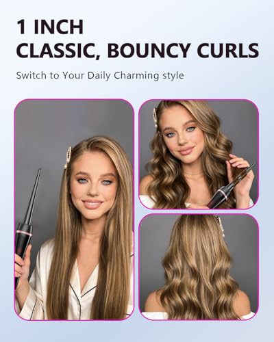 5 in 1 Curling Iron with Thermal Brush and Interchangeable Ceramic Barrels (0.35"-1.25") Set of Curling Iron with Plate, Instant Heating Dual Voltage Gifts for Women