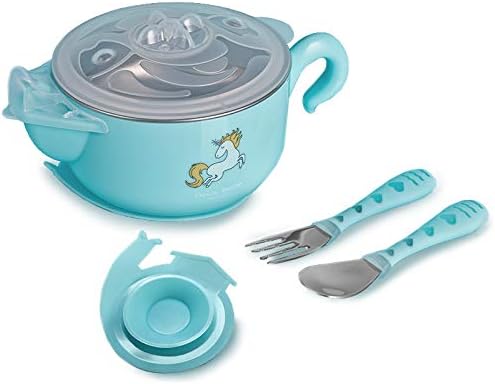 ERRIKO Stainless Steel Food Warming Lunch Box for Children and Kids, Hot Water Insulation box,Tableware Sucker Feeding Bowl toddler dinnerware Filling Water Dish Bowl with Fork & Spoon (Blue)