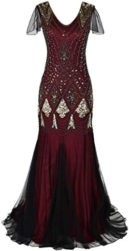MAYEVER Women 1920s Long Prom Gown Beaded Sequin Mermaid Hem Ball Evening Dress with Sleeve Headband Free