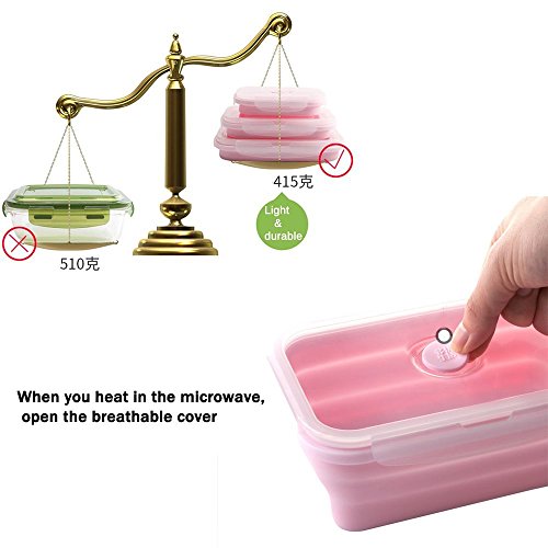 Silicone Lunch Box Portable Collapsible Folding Food Storage Container Kitchen Microwave, Dishwasher and Freezer Safe Household Picnic bento box for teens Pink(3pcs)