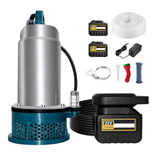 5000L/H Battery Powered Submersible Water Pump with 10m Hose, 5m Connecting Cable, 21V Battery and Charger for Swimming Pool, Water Bed, Garden Irrigation
