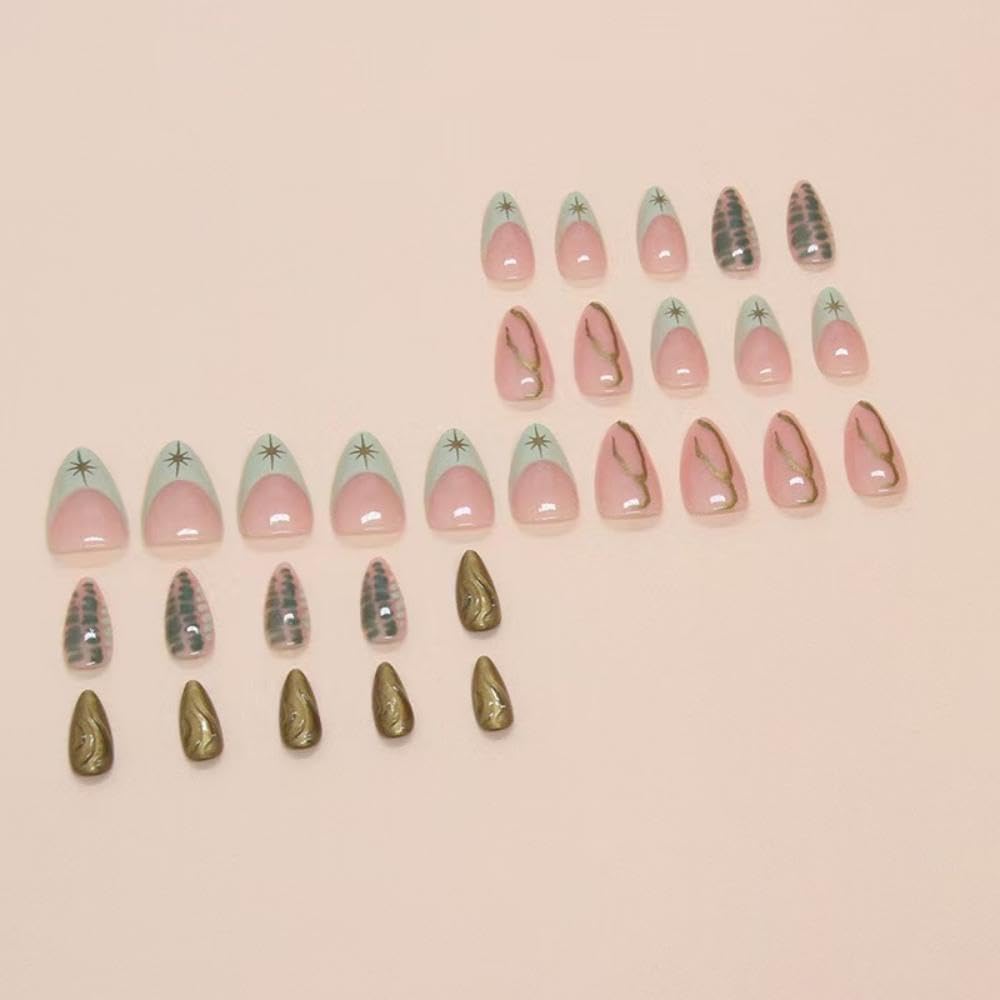 Green French Tip Press on Nails Short Almond Fake Nails Gold Line False Nails with Design Star Glue on Nails Glossy Artificial Acrylic Nail Full Cover Nude Stick on Nails for Women Manicure 30Pcs - Image 8