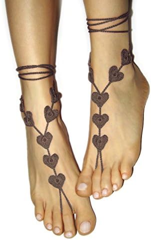 MCC Barefoot Sandals & LaceMCC Heart Shape Beach Wedding Barefoot Sandals, Anklet Foot Jewelry, Valentines Gift for Her (Brown)