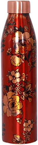 Swahit 100% Pure Copper Bottle for Water Joint Free Leak Proof Copper Bottle, Drinkware & Tableware, Matt Finish Dirt Proof Ayurveda Yoga Health Benefits Design Printed Copper Water Bottle 0.97 Liters | Rose Flower Printed Design (Brown Color)