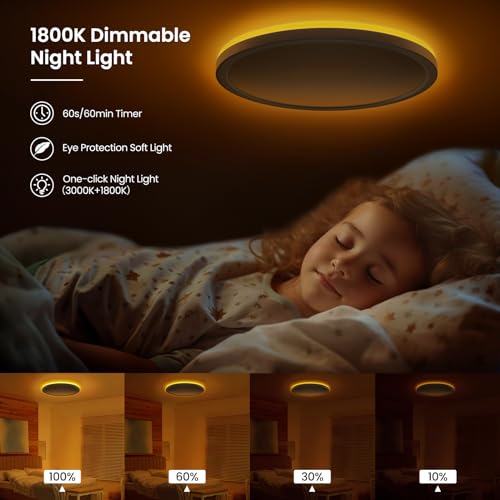 Tyreses LED Deckenleuchte Dimmbar 24W 2800LM, Deckenlampe mit Fernbedienung, 1800K Dimmbar Nachtlicht, 3000K-6500K Schlafzimmer Lampe für Schlafzimmer, Kinderzimmer, Wohnzimmer, Badezimmer, Ø30cm